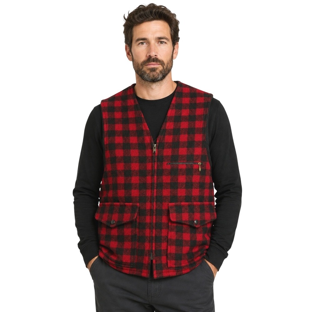 Johnson Woolen Mills Men's Medium Red Black Buffalo Plaid Wool Hunting Vest USA